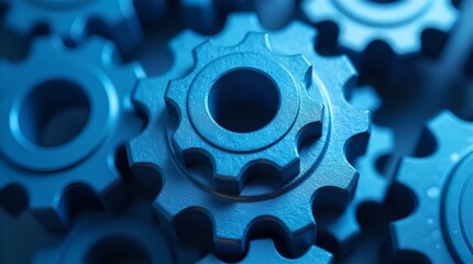 Close-up view of intricately designed, cobalt blue metal gears, showcasing their interlocking teeth and smooth surfaces, creating a sense of precision and complexity.