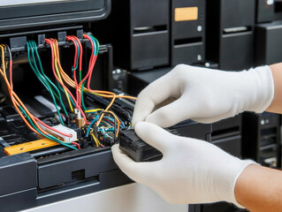 Battery replacement energy concept. A technician in gloves connects wires in a printer, focusing on maintenance and troubleshooting for optimal performance.