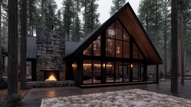 Modern A Frame Cabin  Forest View  Stone Fireplace  Cozy Interior