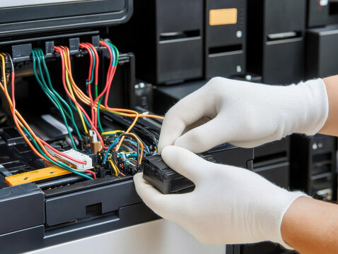 Battery replacement energy concept. A technician in gloves connects wires in a printer, focusing on maintenance and troubleshooting for optimal performance.