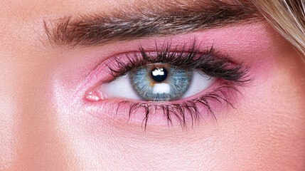 Obraz premium Close up Eye Makeup Beauty Shot Pink Eyeshadow Gray Eyes Long Lashes