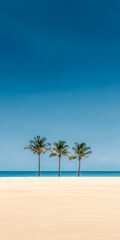 Fototapeta premium Three palm trees stand on a pristine beach under a clear blue sky