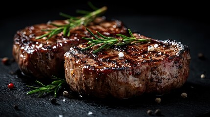 Two grilled steaks, seasoned with rosemary and salt, resting on a dark stone surface.