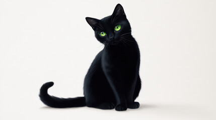 Elegant Black Cat with Striking Green Eyes Posing Gracefully Against a Soft Neutral Background, Perfect for Pet Lovers and Animal Enthusiasts Alike