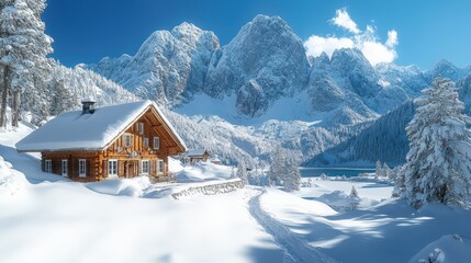 Fototapeta premium A serene winter landscape featuring a wooden cabin surrounded by snow-covered mountains.