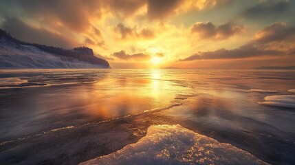 Obraz premium A winter sunrise reflecting off smooth ice, with warm tones blending into the cool hues of frosted edges and natural cracks