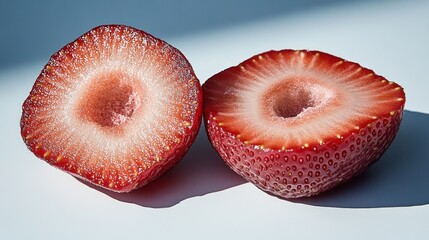 Two halves of a fresh strawberry, showcasing the vibrant red flesh and the interior seed cavity.