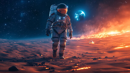 an astronaut in a space suit with the Earth's horizon visible through the helmet visor, set against a warm, golden landscape, likely the surface of Mars. The astronaut appears to be floating or moving
