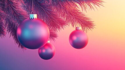 Obraz premium Colorful Christmas ornament hanging from a pine branch against a gradient background.