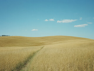 Fototapeta premium Expansive golden fields under clear blue skies in a serene countryside landscape