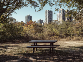 Urban park setting with a picnic table surrounded by trees and city skyline