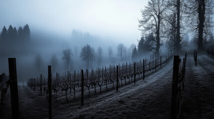 Fototapeta premium Misty vineyard landscape at dawn with frost-covered vines and tall evergreen trees