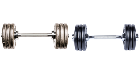 A pair of dumbbells showcasing different weights and materials, designed for strength training and fitness exercises, white background, transparent background.