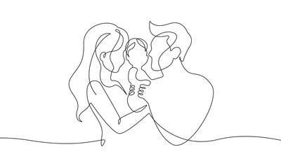 Happy Family Continuous One Line Drawing. Mother, Father and Child Together Single Line Drawing Minimalist Illustration. Happy Family Simple Vector Illustration