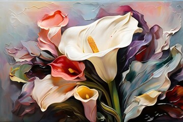 a painting of calla in abstract background , Illustration orchid flower or blooming lilies, Minimalist watercolor background of calla lilies