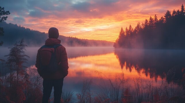 A person standing near a quiet lake at dusk, feeling a deep sense of peace and connection to nature 