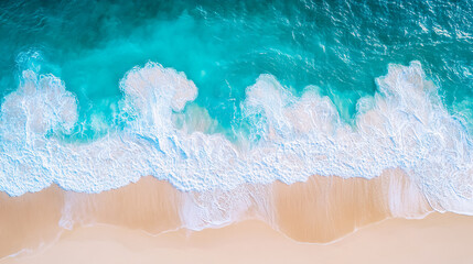 Obraz premium A bird's-eye view of a beach and waves reveals the turquoise waters of summer from a drone perspective.