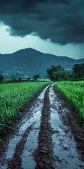 Obraz premium Stormy clouds loom over a muddy path through a lush green field in the countryside