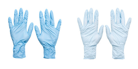 Obraz premium Two pairs of disposable gloves in light blue and white colors, displayed with palms facing upward, white background, transparent background.