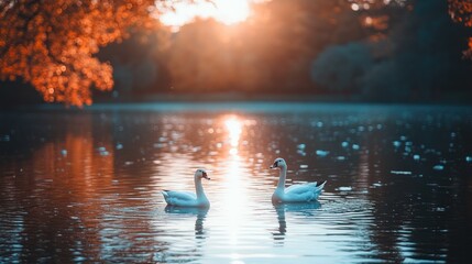 Fototapeta premium Two swans on calm lake at sunset.