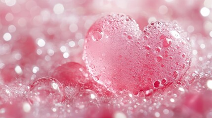 Obraz premium A close-up of a pink heart, valentine-shaped object with droplets, surrounded by soft bubble and sparkles.