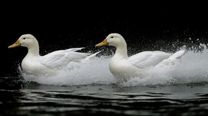 Two white ducks splashing in water.