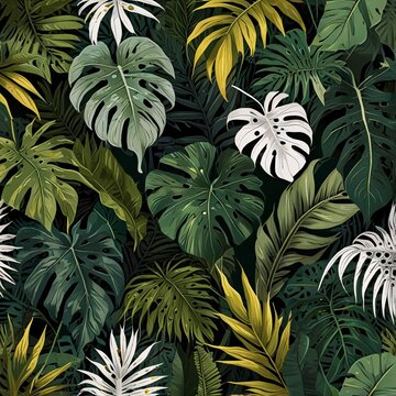 A collection of lush tropical leaves in varying shades of green, some with yellow highlights, featuring large and small leaves arranged in a flowing pattern.