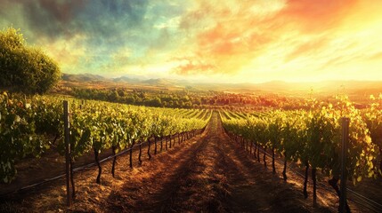 Naklejka premium Rows of grapevines in a scenic vineyard, dotted with clusters of vibrant grapes, perfect for a wallpaper or background concept with copy space.