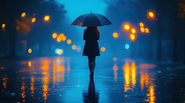 A person walking in the rain with an umbrella, feeling a sense of calm amidst the storm 
