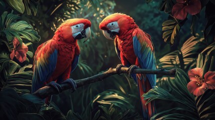 Fototapeta premium Scarlet Macaws in Lush Tropical Paradise: A Vibrant Digital Painting of Two Majestic Birds Perched on a Branch Amidst Vivid Green Foliage and Delicate Flowers