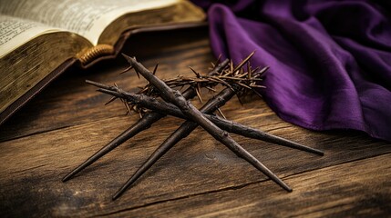 Three crucifixion spikes forming a cross, placed on a wooden table alongside a Bible, crown of thorns, and purple robe, representing the death and resurrection of Jesus Christ.