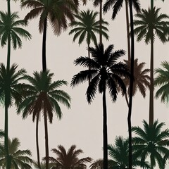 Fototapeta premium Silhouettes of palm trees in deep green and dark brown, arranged in a row across the design.