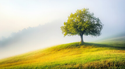 Obraz premium Morning fog envelops a solitary tree on a hillside with vibrant green grass