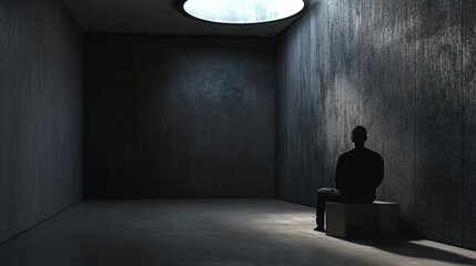 Silueta de una persona sentada en una habitación oscura minimalista con luz entrando por un tragaluz circular, creando una atmósfera introspectiva