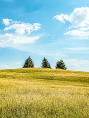 Fototapeta premium Lush green hills under bright blue sky with pine trees in summer landscape