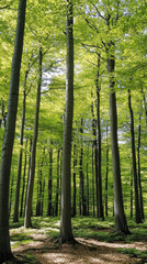 Fototapeta premium Tall trees create a serene atmosphere in a lush green forest during daylight hours