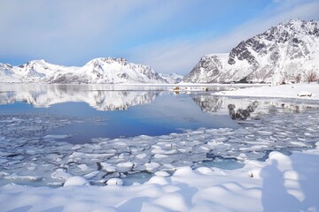 Beautiful lake with snow mountain at Norway.