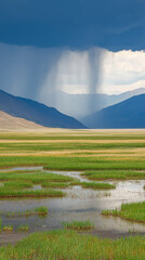 Obraz premium Expansive green landscape under dark storm clouds with distant mountains and rain