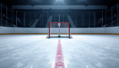 Empty ice hockey rink with goal net and red line during practice session 