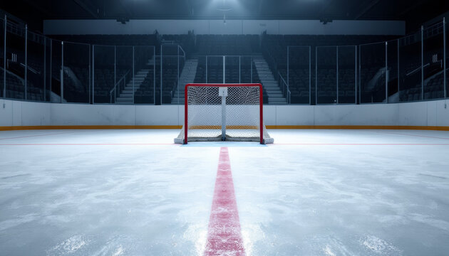 Empty ice hockey rink with goal net and red line during practice session 
