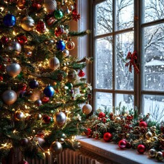 Decorated Christmas tree. Window with decorations. Christmas and New Year.
