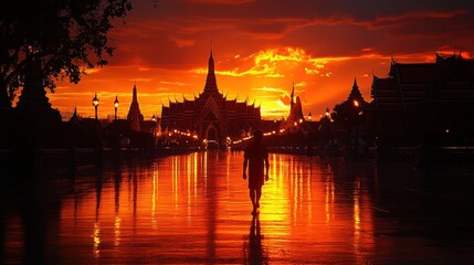 Fototapeta premium A silhouette walks through a reflective path at sunset, highlighting a temple's grandeur.