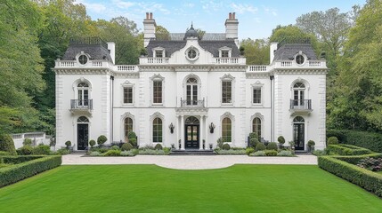 Fototapeta premium Grand White Mansion Lush Garden Luxury Home Exterior