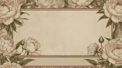 Vintage floral frame with peonies to add elegance to your projects.Aged Victorian style floral background in sienna color