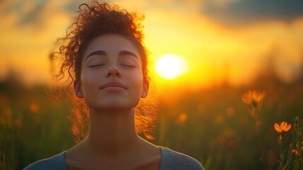 A woman taking a deep breath at the top of a hill, feeling a sense of peace and freedom 