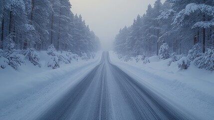 Fototapeta premium A snowy road winding through a forest, enveloped in a misty winter atmosphere.