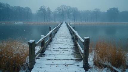 A snowy wooden bridge extends over a calm lake, surrounded by trees in a serene winter landscape.