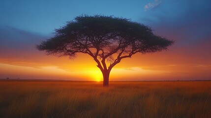 A solitary tree silhouetted against a vibrant sunset in a serene landscape.