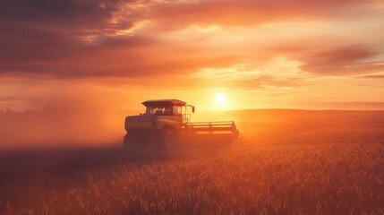 Fototapeta premium powerful combine harvester plowing field at sunset, agricultural scene