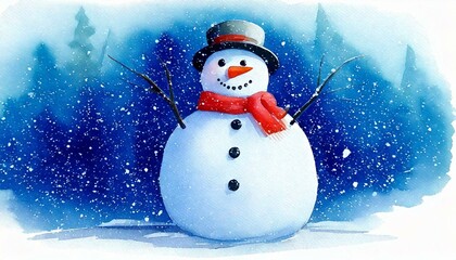 Obraz premium Snowman on snow. Watercolor snowman. Christma card with snowman. Falling snow.